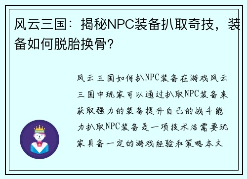 风云三国：揭秘NPC装备扒取奇技，装备如何脱胎换骨？